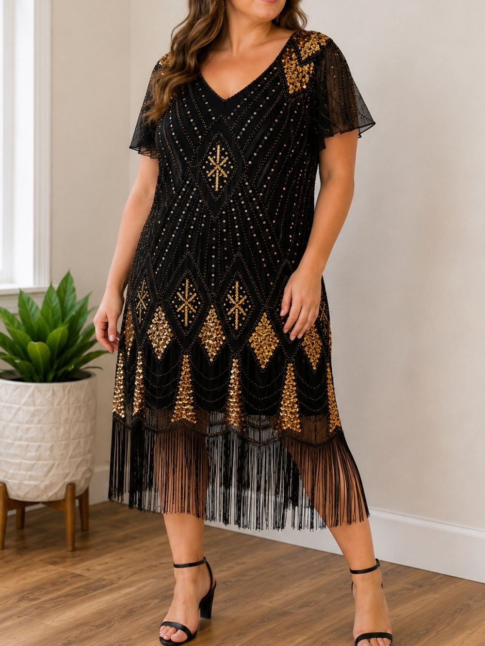 FunDaisy 2XL Black Gold Sequin Flapper Art Deco Fringe Dress